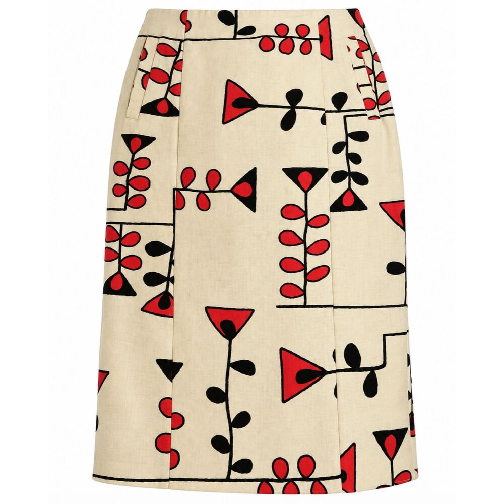Marni Cream Red Black Geometric Floral A-Line Midi Skirt